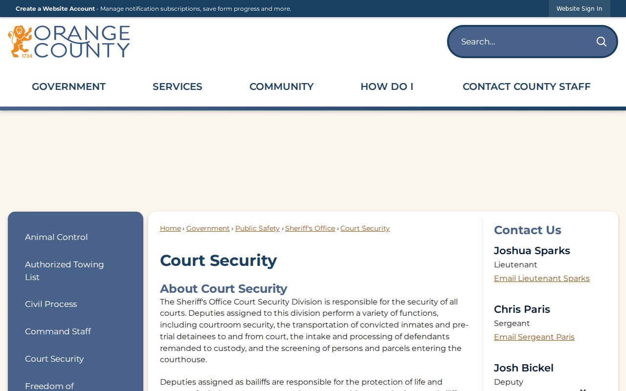 Orange County arrest warrant service and courthouse security information