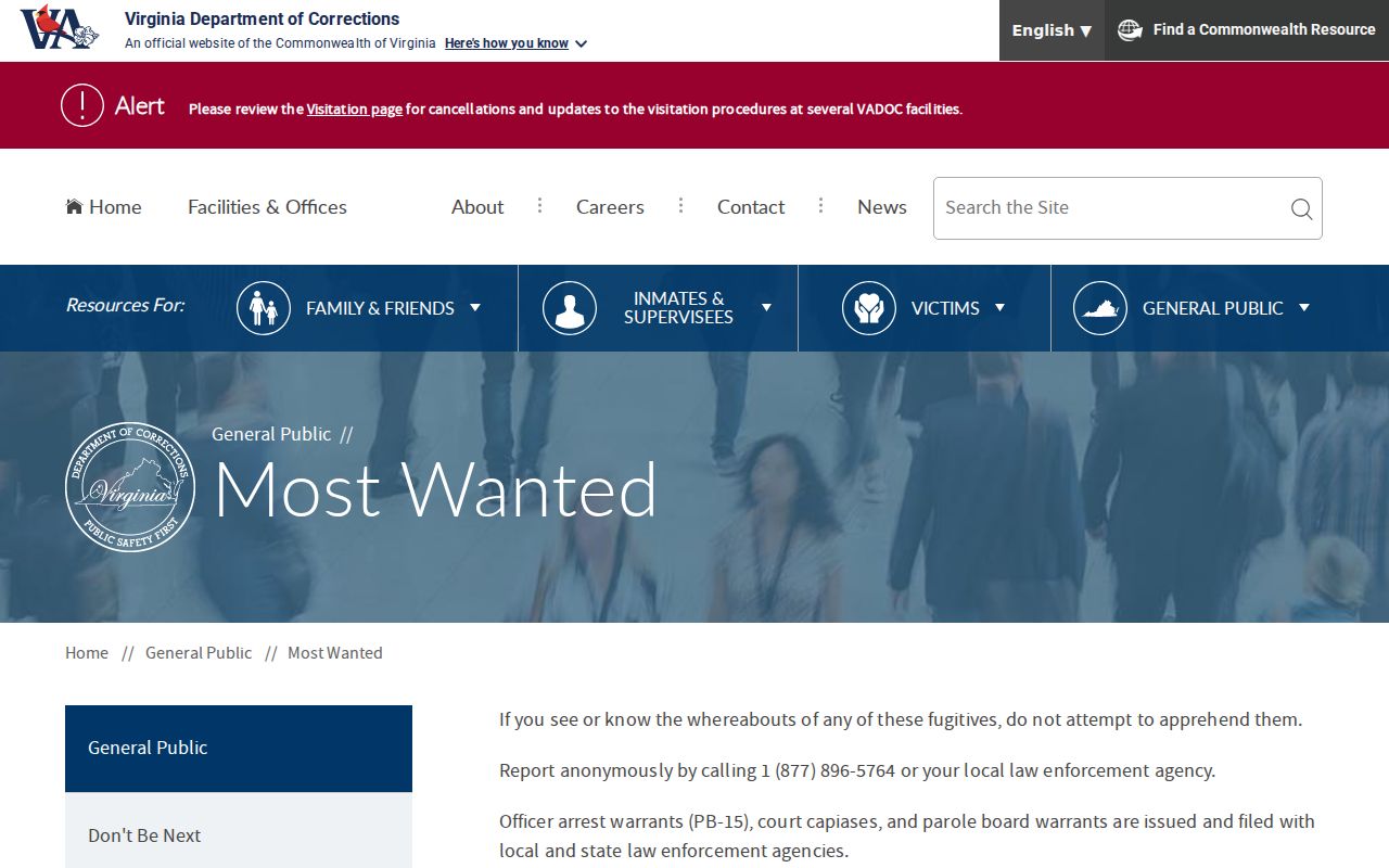 Virginia DOC most-wanted page header and public tip guidance, without a profile
