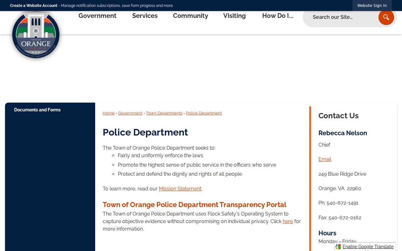 Orange warrant records and Town of Orange Police Department contact page