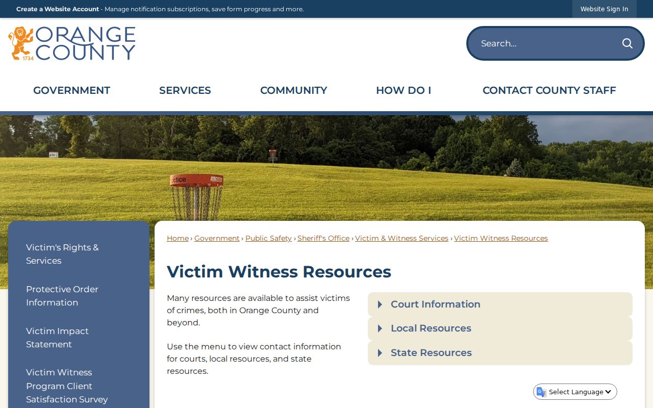 Orange County Victim and Witness Resources page links to court information and local services